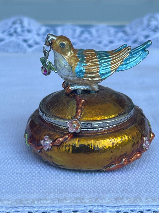 Other - Small Bejewelled Enameled Bird Trinket Box – Heavy Metal & Dangling Cherry Charm
